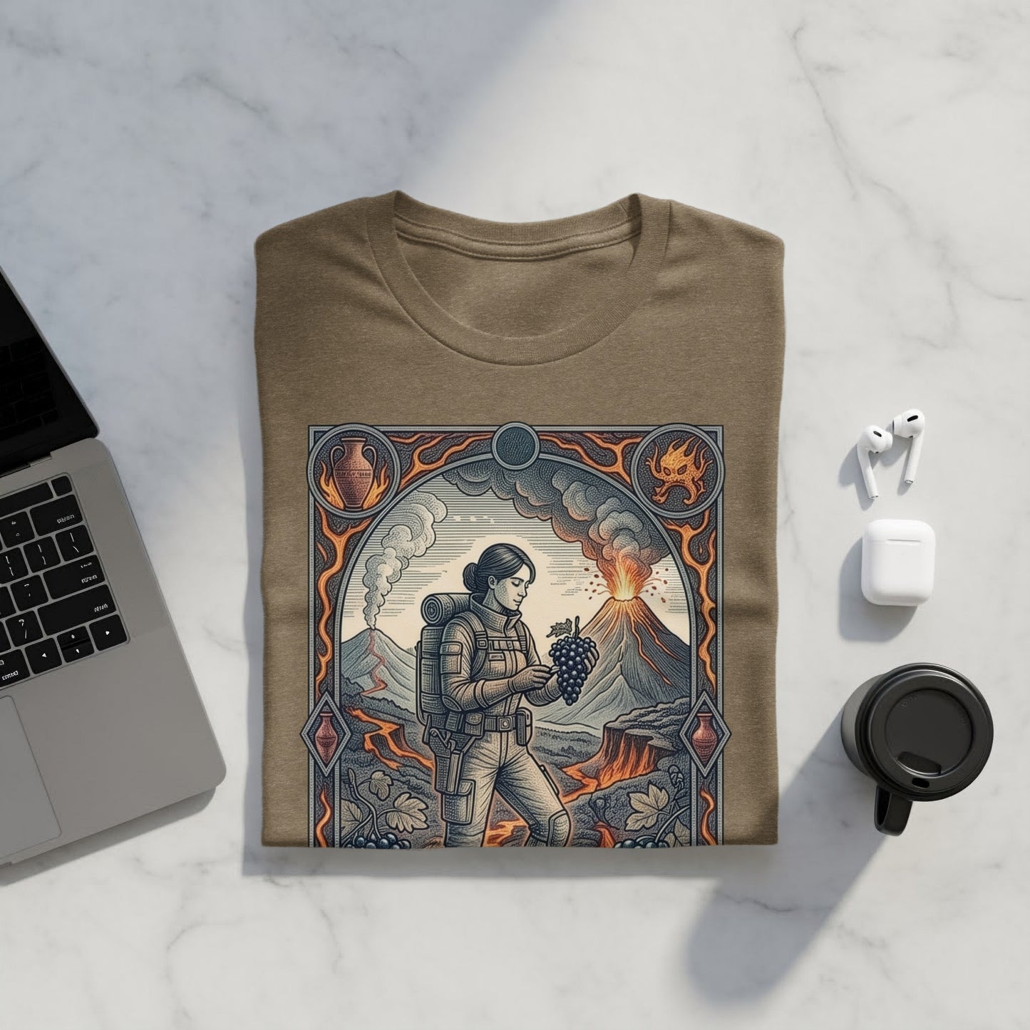T-shirt with illustration of a hiker holding grapes, volcanic landscape, and ornate borders.