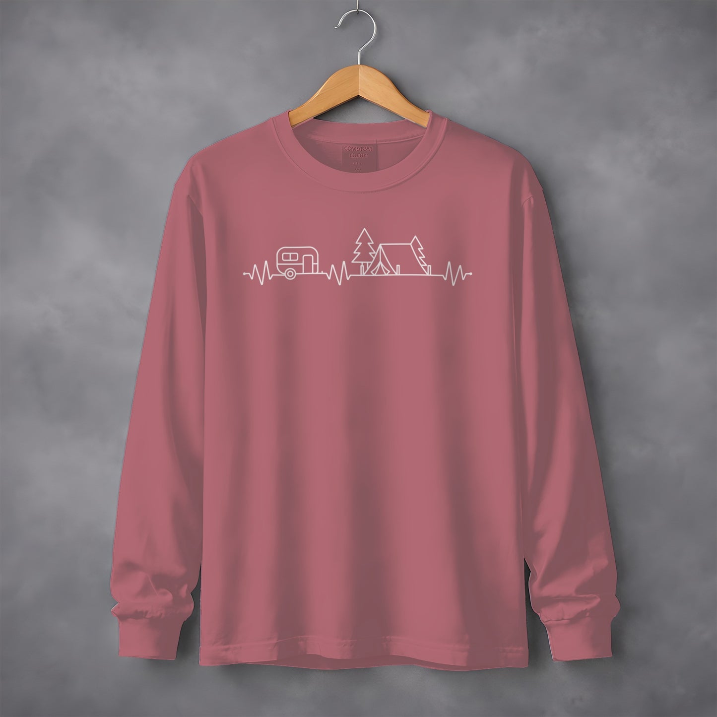 Camping Heartbeat Caravan Tent Adventure Time Long Sleeve T-Shirt Long Sleeve Tee - Outdoor & Adventure Collection - Mile Marker 16 Gear by Cloud 16 Clothing Co.