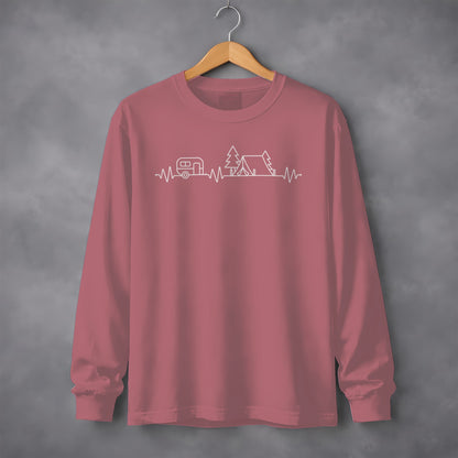Camping Heartbeat Caravan Tent Adventure Time Long Sleeve T-Shirt Long Sleeve Tee - Outdoor & Adventure Collection - Mile Marker 16 Gear by Cloud 16 Clothing Co.