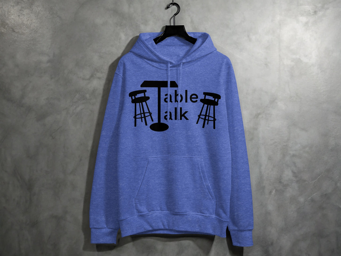 Cozy Blue Hoodie with Table Talk Graphic Design