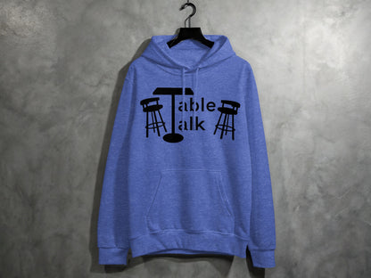 Cozy Blue Hoodie with Table Talk Graphic Design