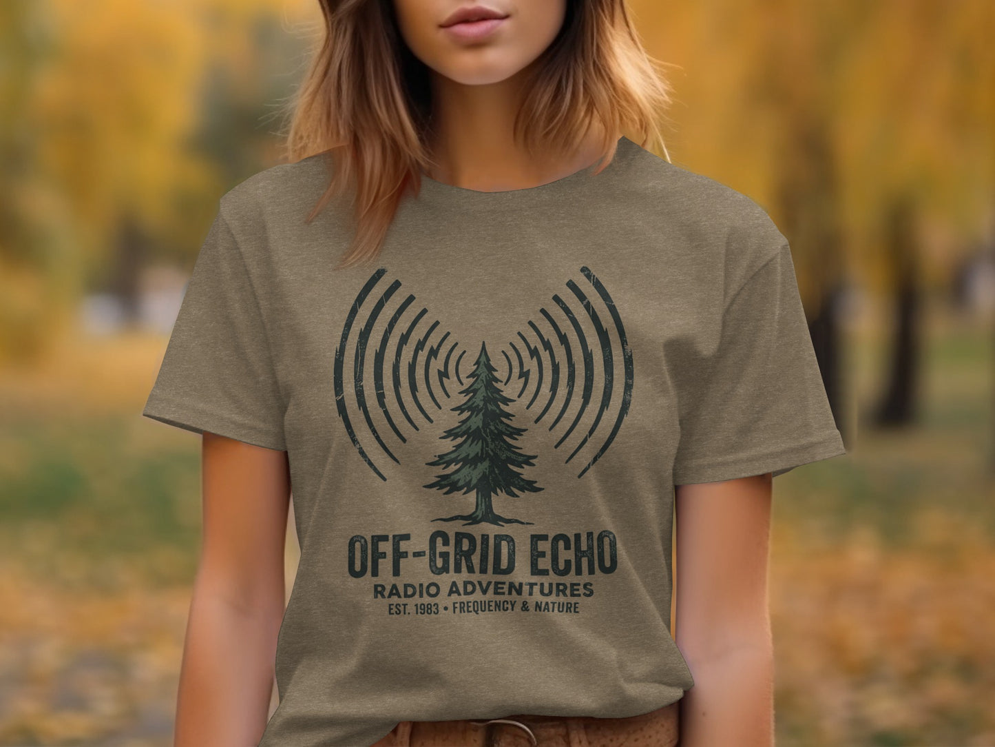 Off-Grid Radio Adventures | Vintage Outdoor Apparel: Brown t-shirt with "Off-Grid Echo Radio Adventures" and tree graphic.