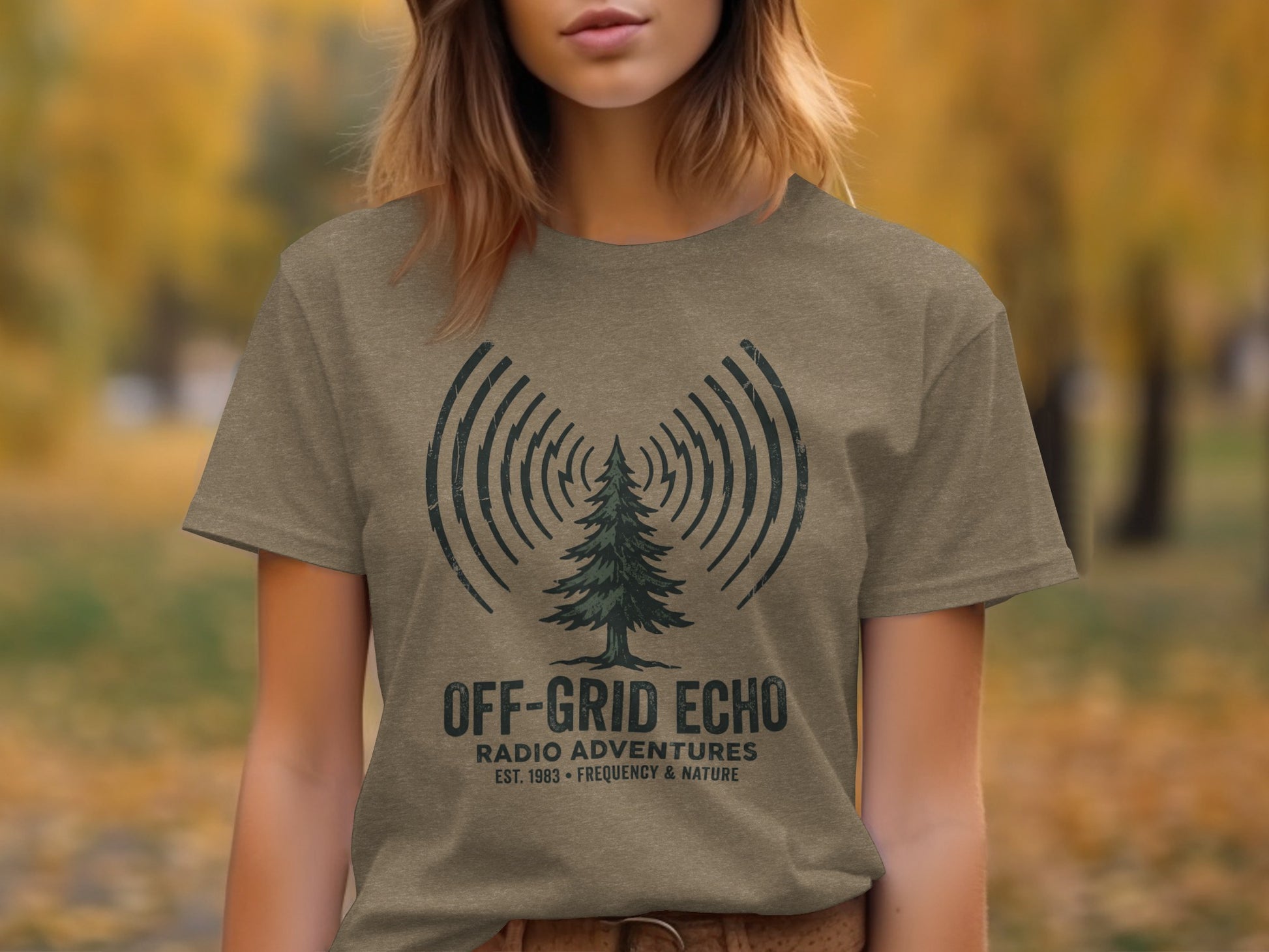Off-Grid Radio Adventures | Vintage Outdoor Apparel: Brown t-shirt with "Off-Grid Echo Radio Adventures" and tree graphic.