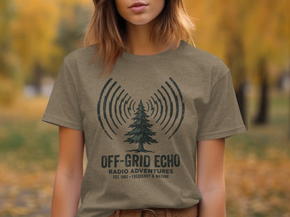 Off-Grid Radio Adventures | Vintage Outdoor Apparel: Brown t-shirt with "Off-Grid Echo Radio Adventures" and tree graphic.