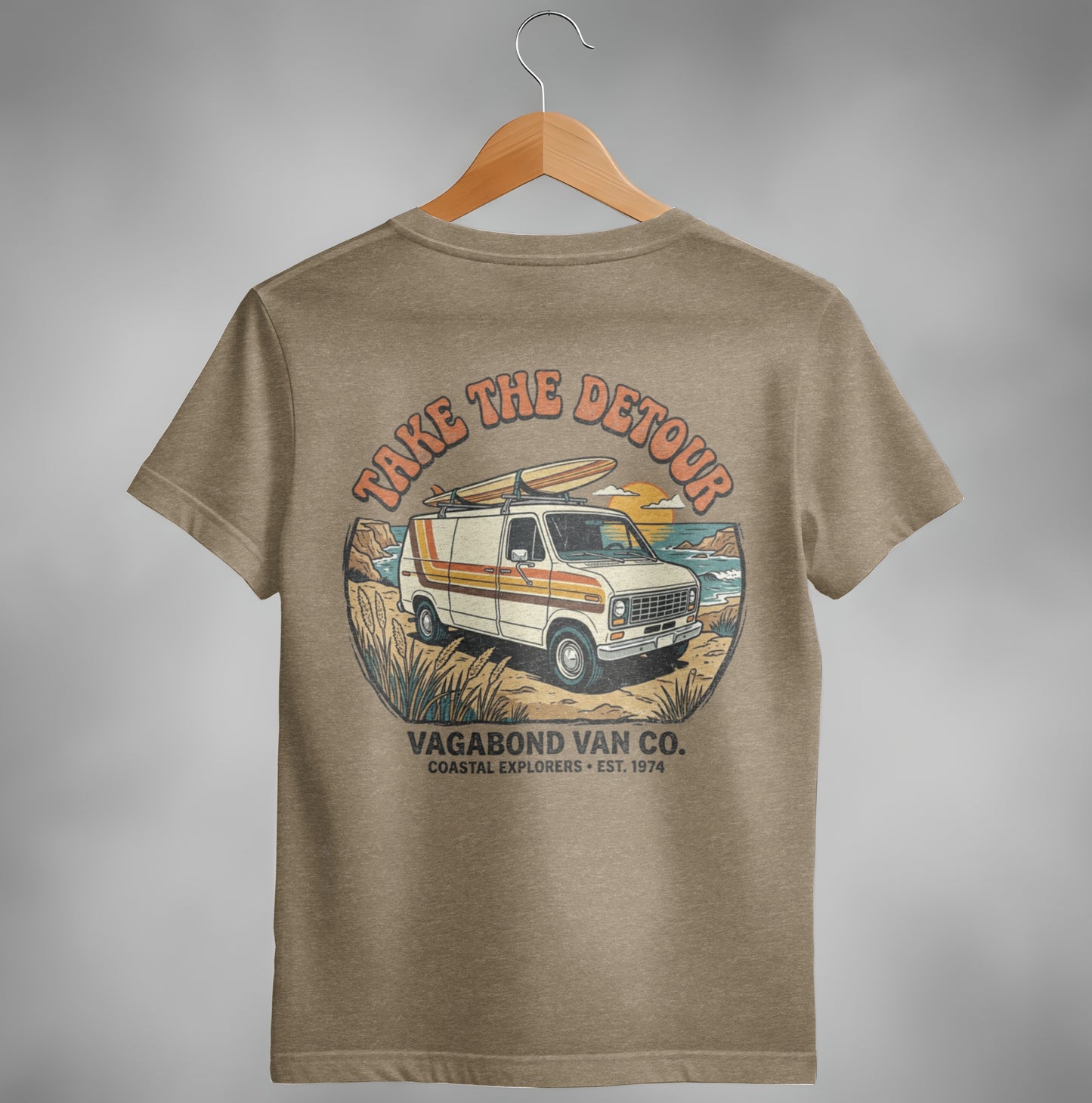 T-shirt with distressed graphic of a vintage van and "Take The Detour" text.