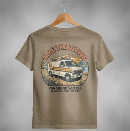 T-shirt with distressed graphic of a vintage van and "Take The Detour" text.