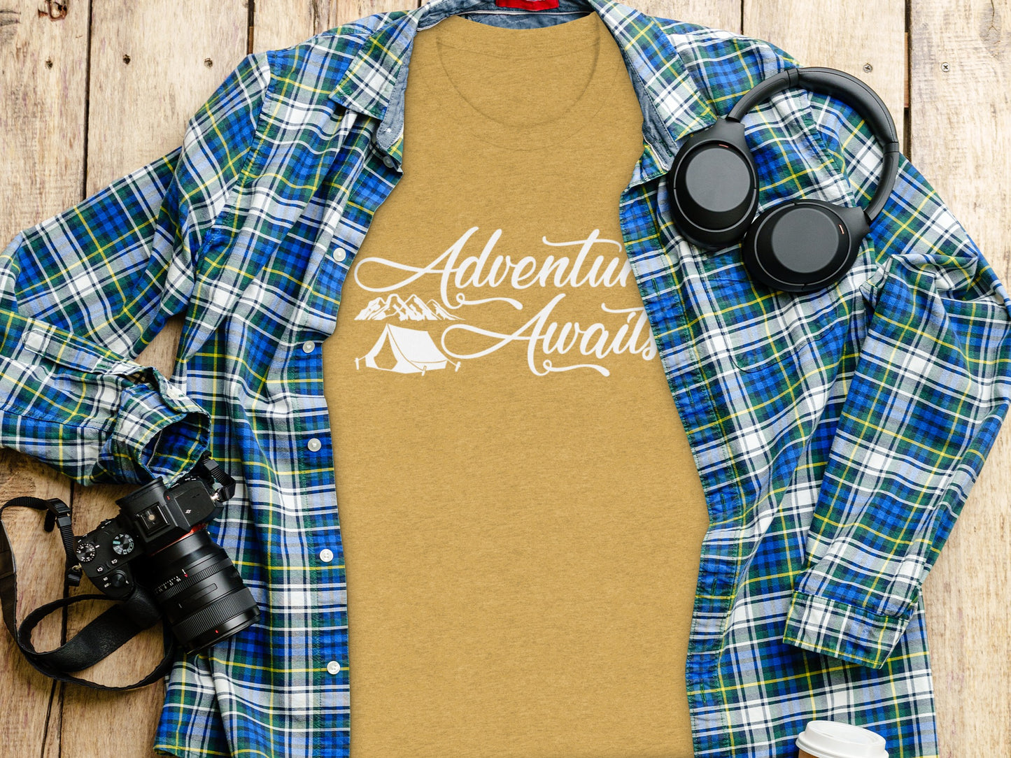 Adventure Awaits Tent Mountains Graphic Design T-Shirt T-Shirt - Outdoor & Adventure Collection - Mile Marker 16 Gear by Cloud 16 Clothing Co.