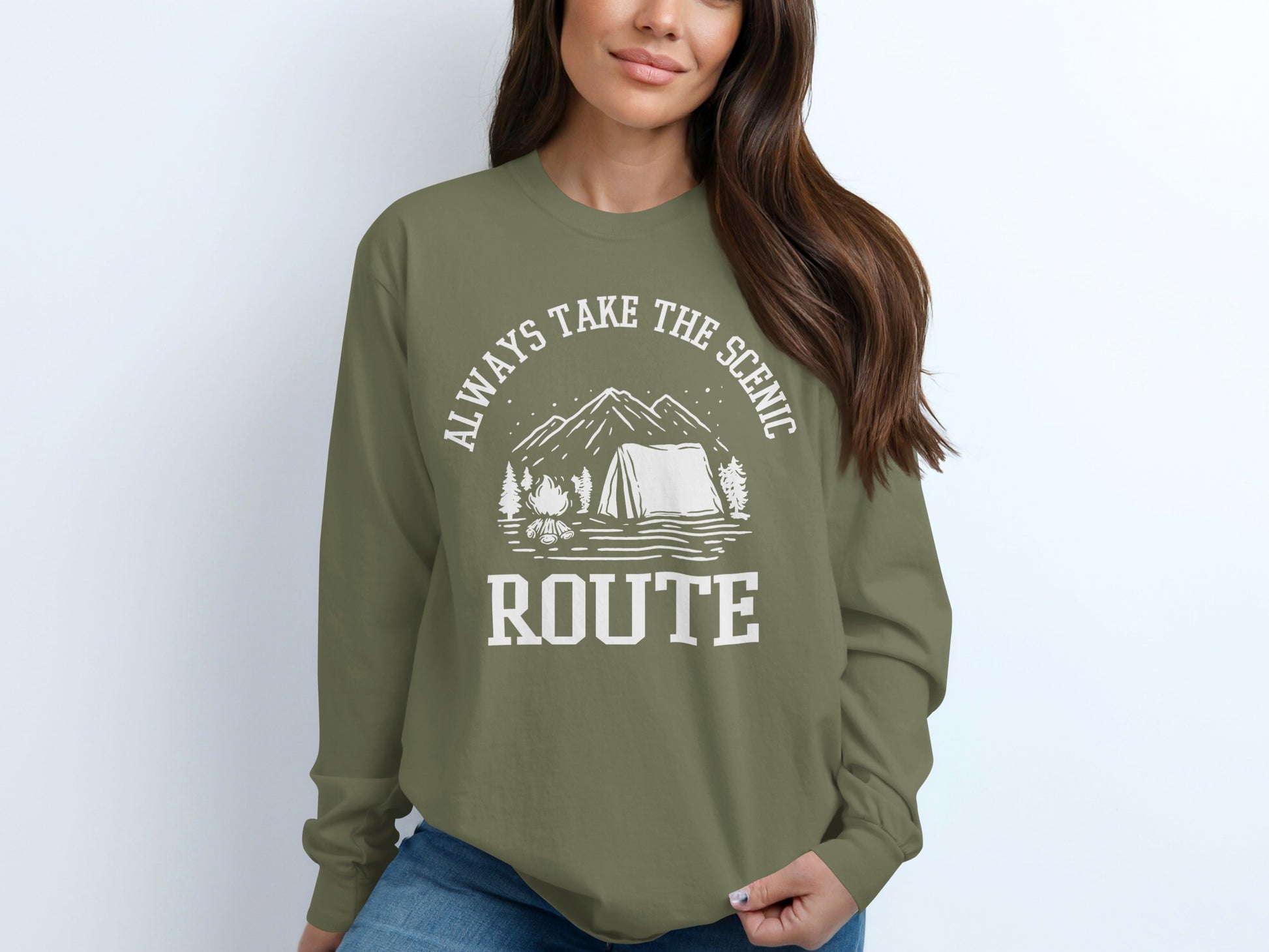 Always Take The Scenic Route Camping Adventure Long Sleeve T-Shirt Long Sleeve Tee - Outdoor & Adventure Collection - Mile Marker 16 Gear by Cloud 16 Clothing Co.