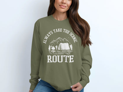 Always Take The Scenic Route Camping Adventure Long Sleeve T-Shirt Long Sleeve Tee - Outdoor & Adventure Collection - Mile Marker 16 Gear by Cloud 16 Clothing Co.