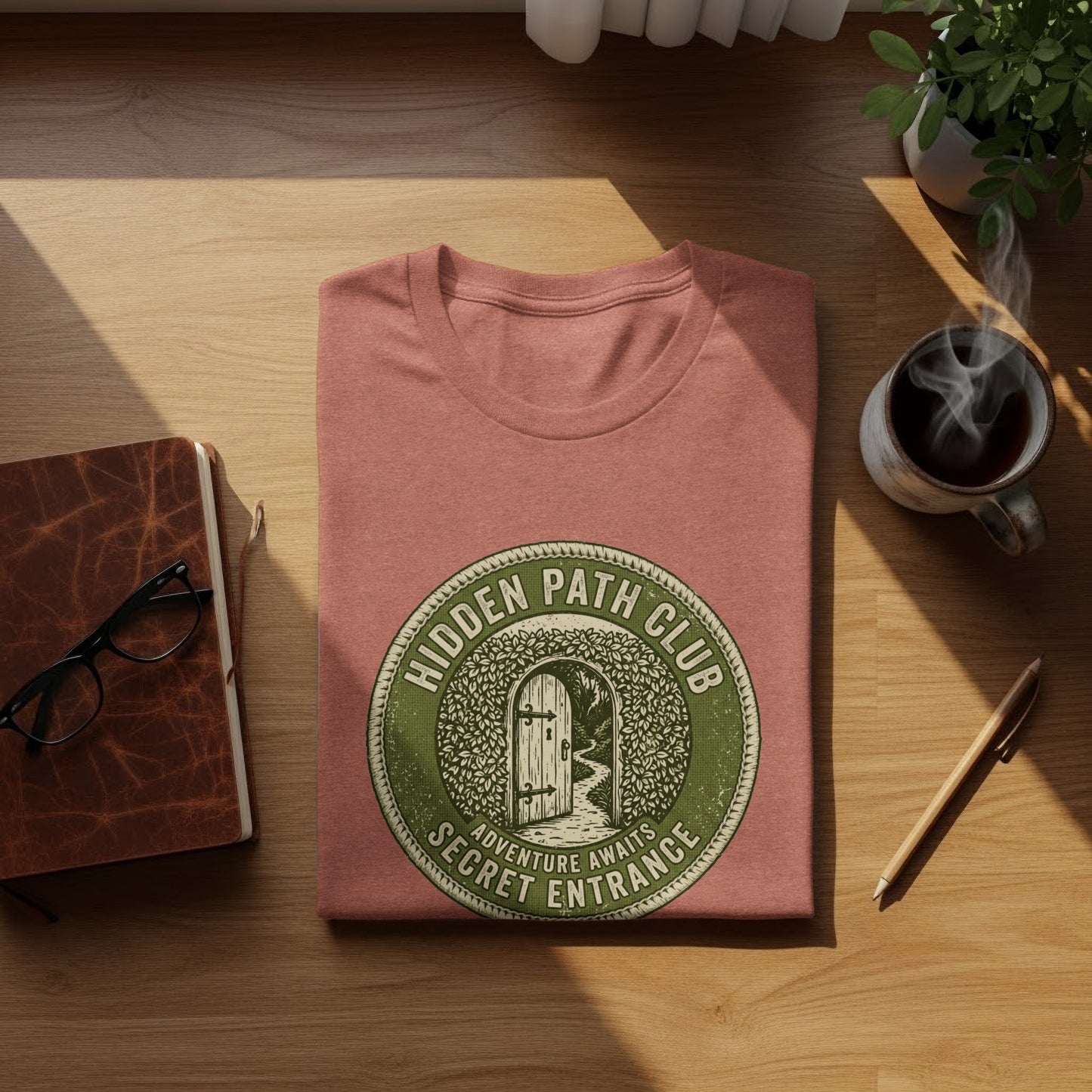 Hidden Path Club: Secret Entrance | Vintage Outdoor Apparel: Salmon t-shirt with "Hidden Path Club" and "Secret Entrance" graphic.