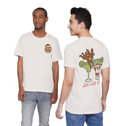 Scrappy Malone's Bar Christmas Tee — "Let's Get Lit" Santa & Rudolf Hanging from Martini Glass