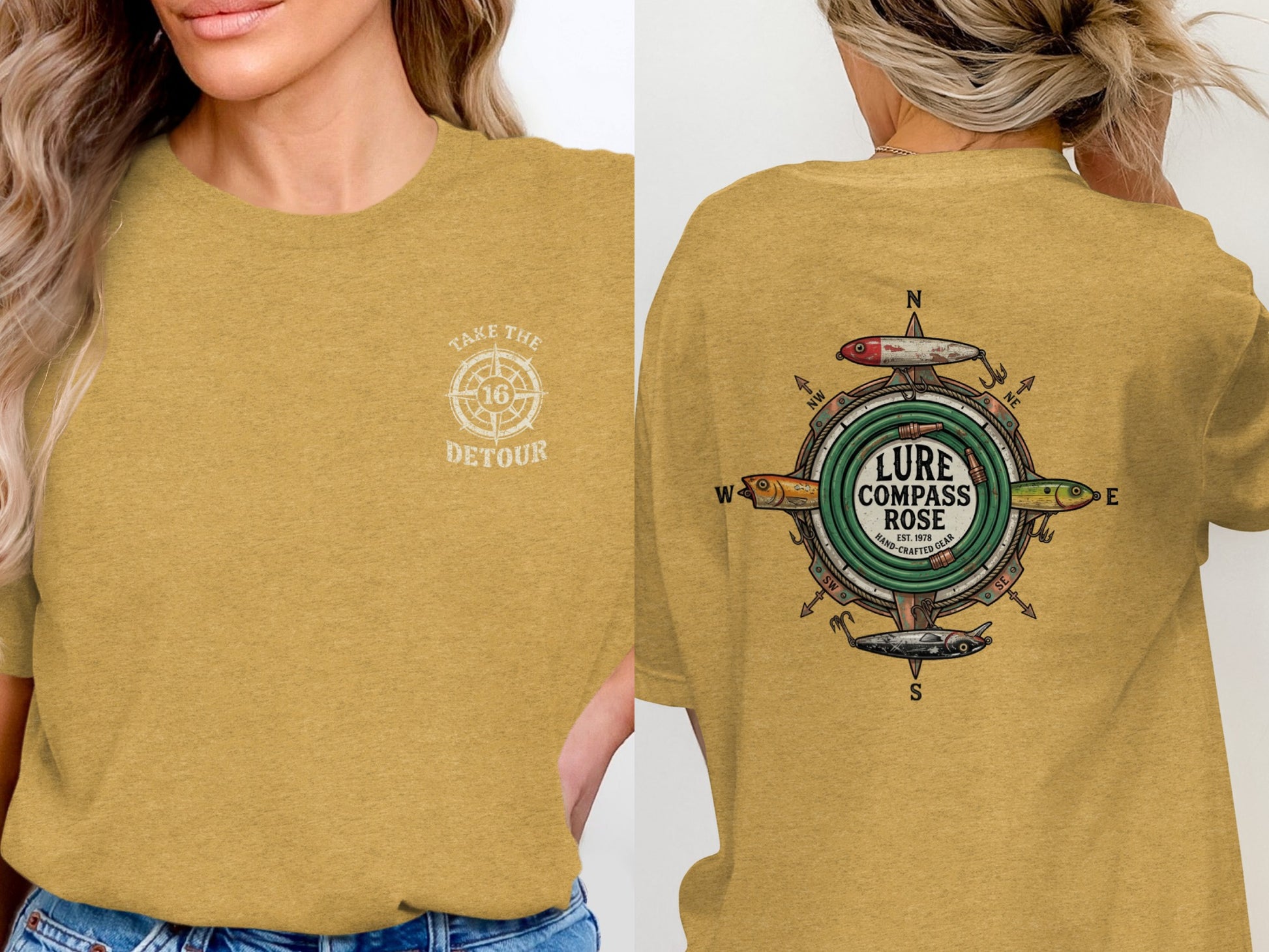 Yellow t-shirt with "Take the Detour" on front, and compass rose fishing lure design on back.
