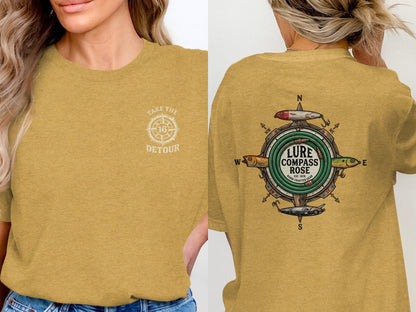 Yellow t-shirt with "Take the Detour" on front, and compass rose fishing lure design on back.