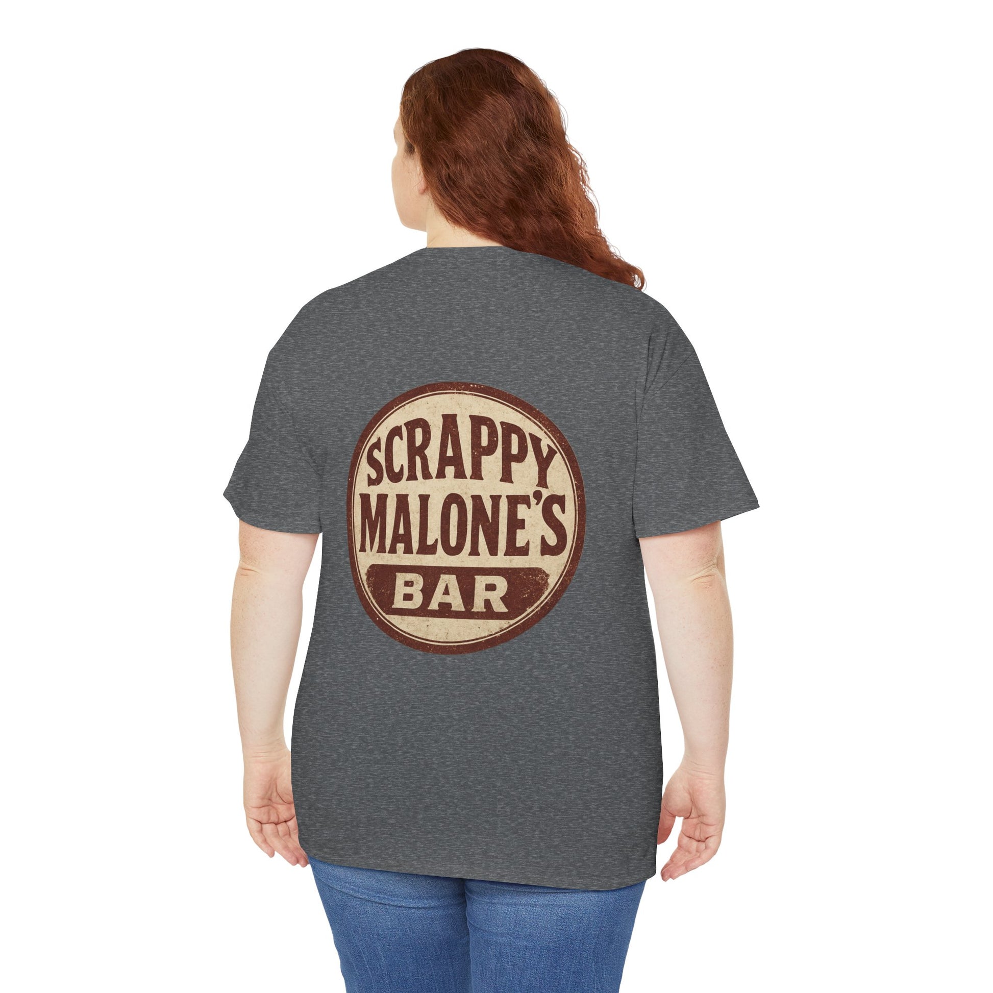 Person wearing a gray t-shirt with 'Scrappy Malone's Bar' print on the back, on a white background