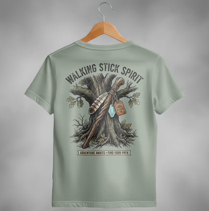 Walking stick spirit design with tree and tag on a sage green t-shirt.