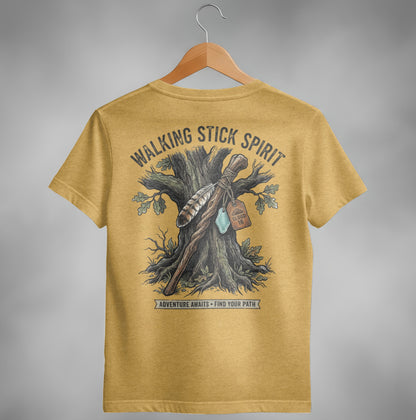 Yellow t-shirt with "Walking Stick Spirit" text and tree with feather and tag graphic.