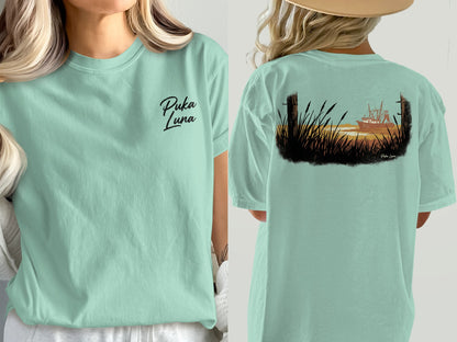 Mint t-shirt with Puka Luna logo on front and boat scene on back.