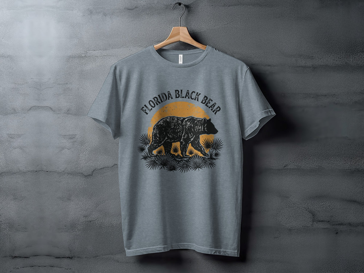 Heritage Florida Bear Trails Classic Nomad Tee: Gray t-shirt with Florida black bear graphic and palm fronds.