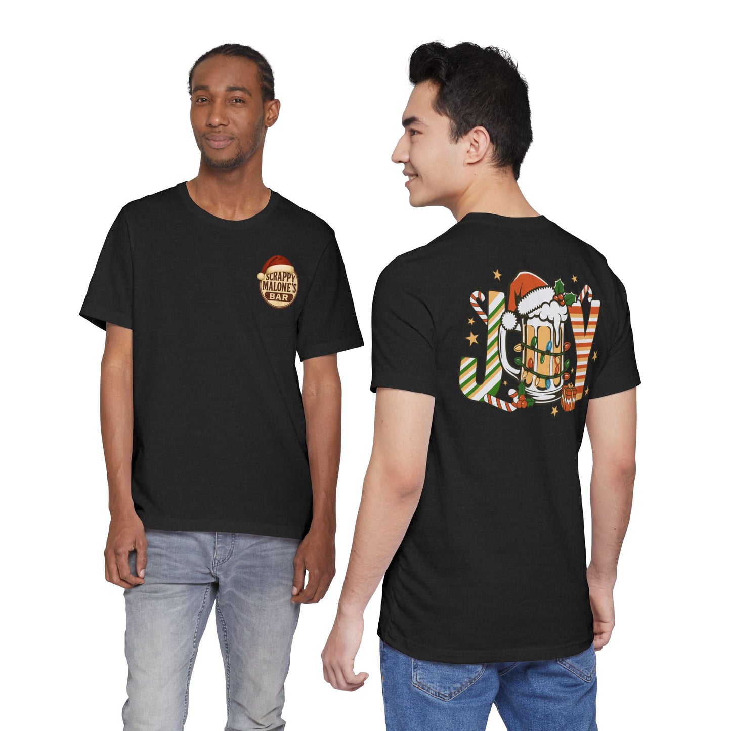 Scrappy Malone's Bar Christmas Tee — "Joy" Beer Mug Holiday Shirt