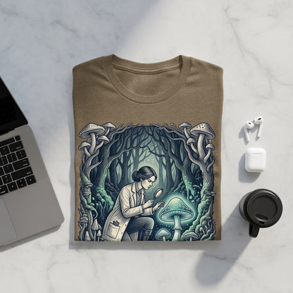 T-shirt with a woman in a lab coat examining a glowing mushroom in a forest.