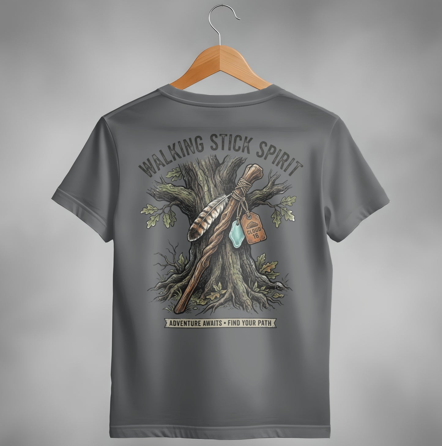 T-shirt graphic: "Walking Stick Spirit" text above a walking stick.