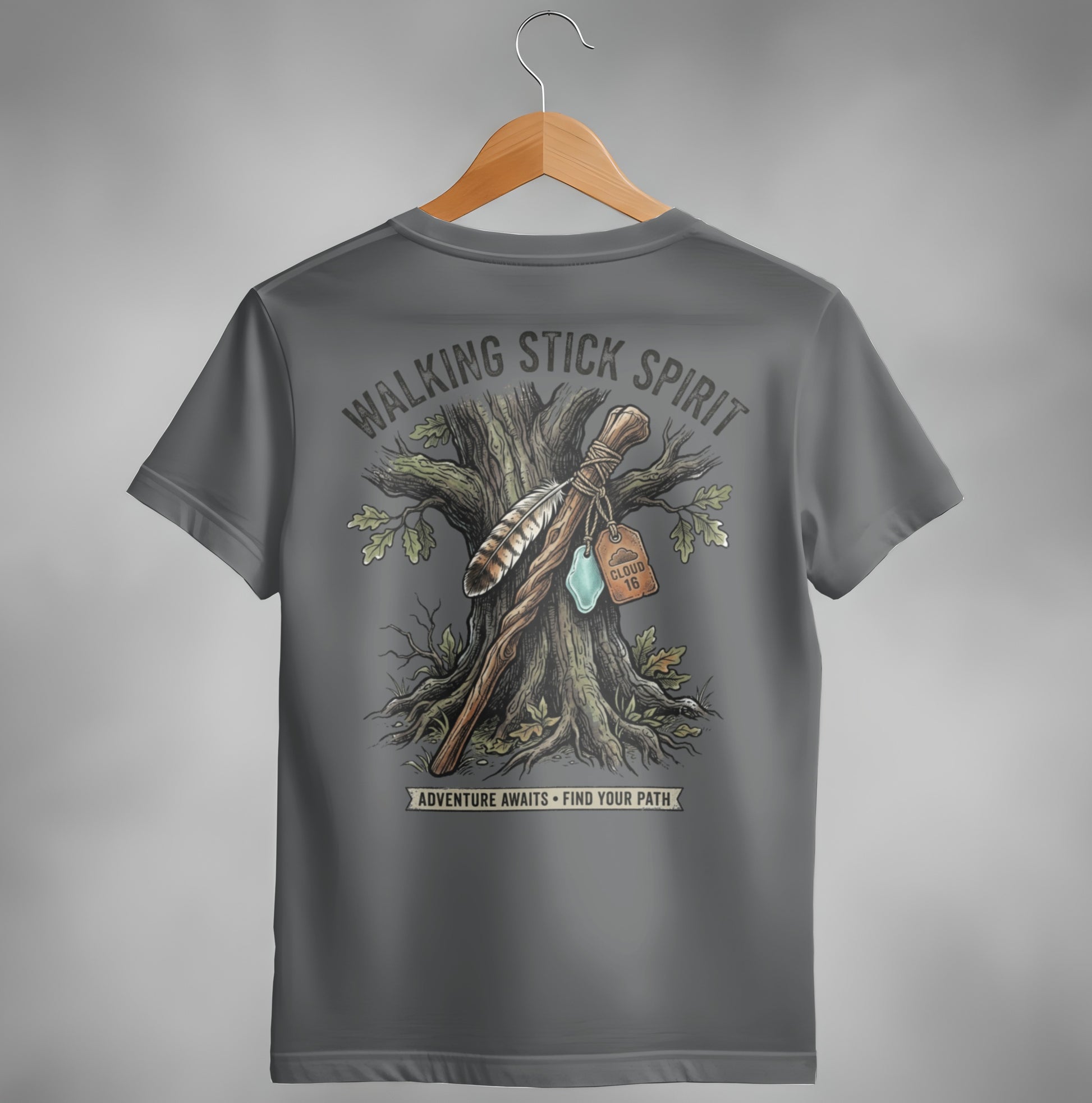 T-shirt graphic: "Walking Stick Spirit" text above a walking stick.