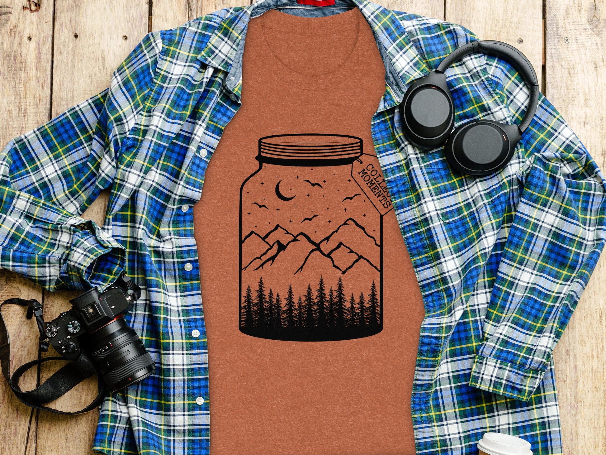 Collect Moments Jar with Mountains Scene Design T-Shirt T-Shirt - Outdoor & Adventure Collection - Mile Marker 16 Gear by Cloud 16 Clothing Co.