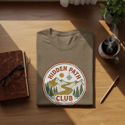 Rugged Hidden Path Club Explorer Wilderness Shirt: T-shirt with "Hidden Path Club Explore & Discover" circular logo.