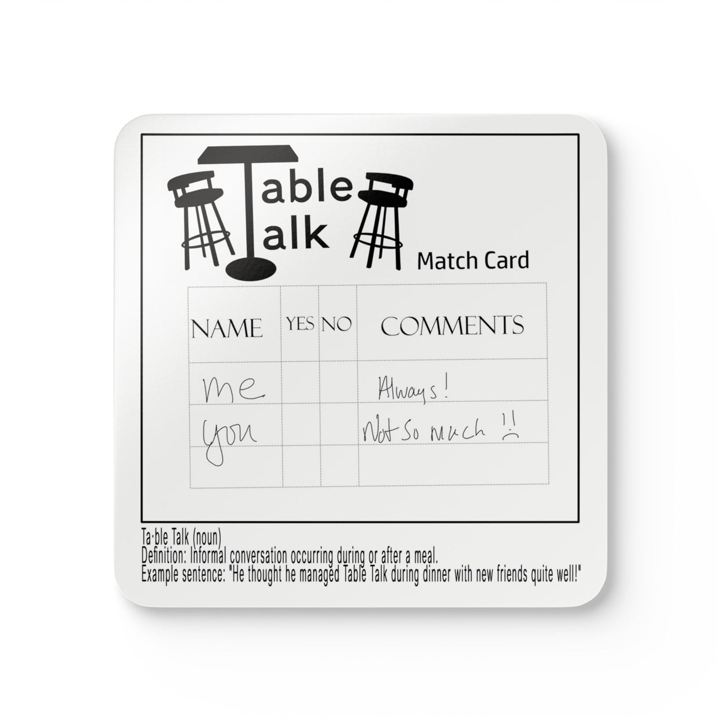 Table Talk Cork Coaster Set of 4 — Funny Conversation Match Card Design