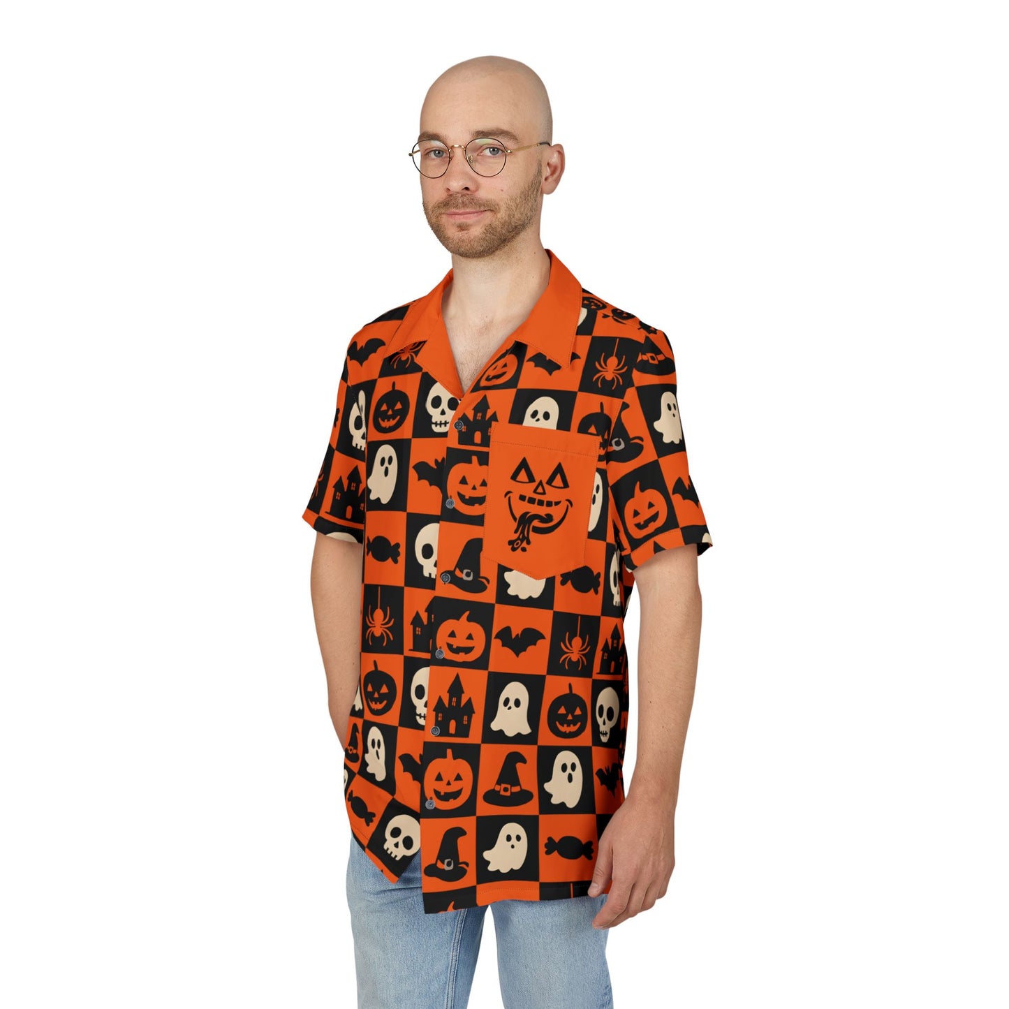 Halloween Hawaiian Shirt - Spooky Pumpkin Ghost Print Unisex Button-Down