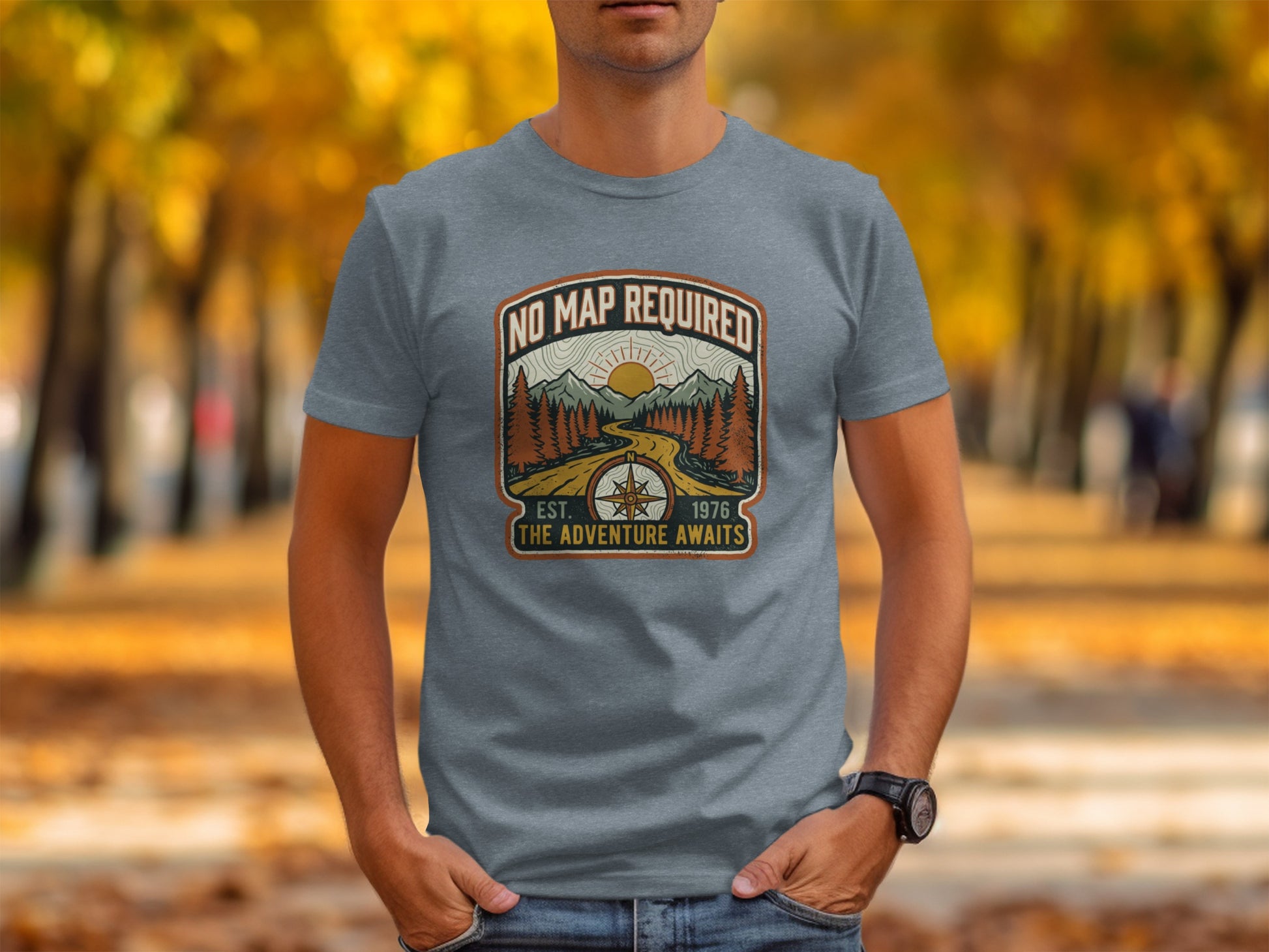 Heritage No Map Required: The Adventure Awaits Nomad Tee: Grey t-shirt with "No Map Required Est. 1976 The Adventure Awaits" logo.