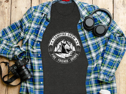 Camping Crew Friends Drinks Fire Tent Mountain Scene T-Shirt T-Shirt - Outdoor & Adventure Collection - Mile Marker 16 Gear by Cloud 16 Clothing Co.