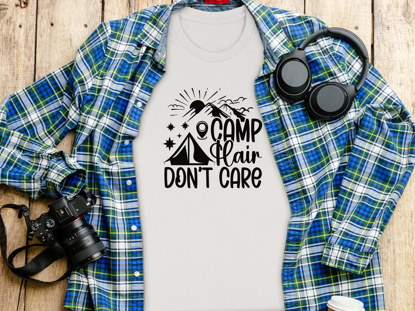 Camp Hair Dont Care with Mountain Scene Graphic T-Shirt T-Shirt - Outdoor & Adventure Collection - Mile Marker 16 Gear by Cloud 16 Clothing Co.