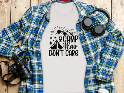 Camp Hair Dont Care with Mountain Scene Graphic T-Shirt T-Shirt - Outdoor & Adventure Collection - Mile Marker 16 Gear by Cloud 16 Clothing Co.