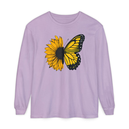 Sunflower Butterfly Long Sleeve Tee - Boho Nature Lover Shirt | Eco-Friendly Spring Fashion