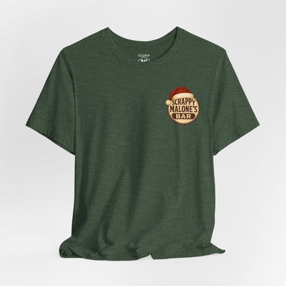 Scrappy Malone's Bar Christmas Tee — "Joy" Beer Mug Holiday Shirt