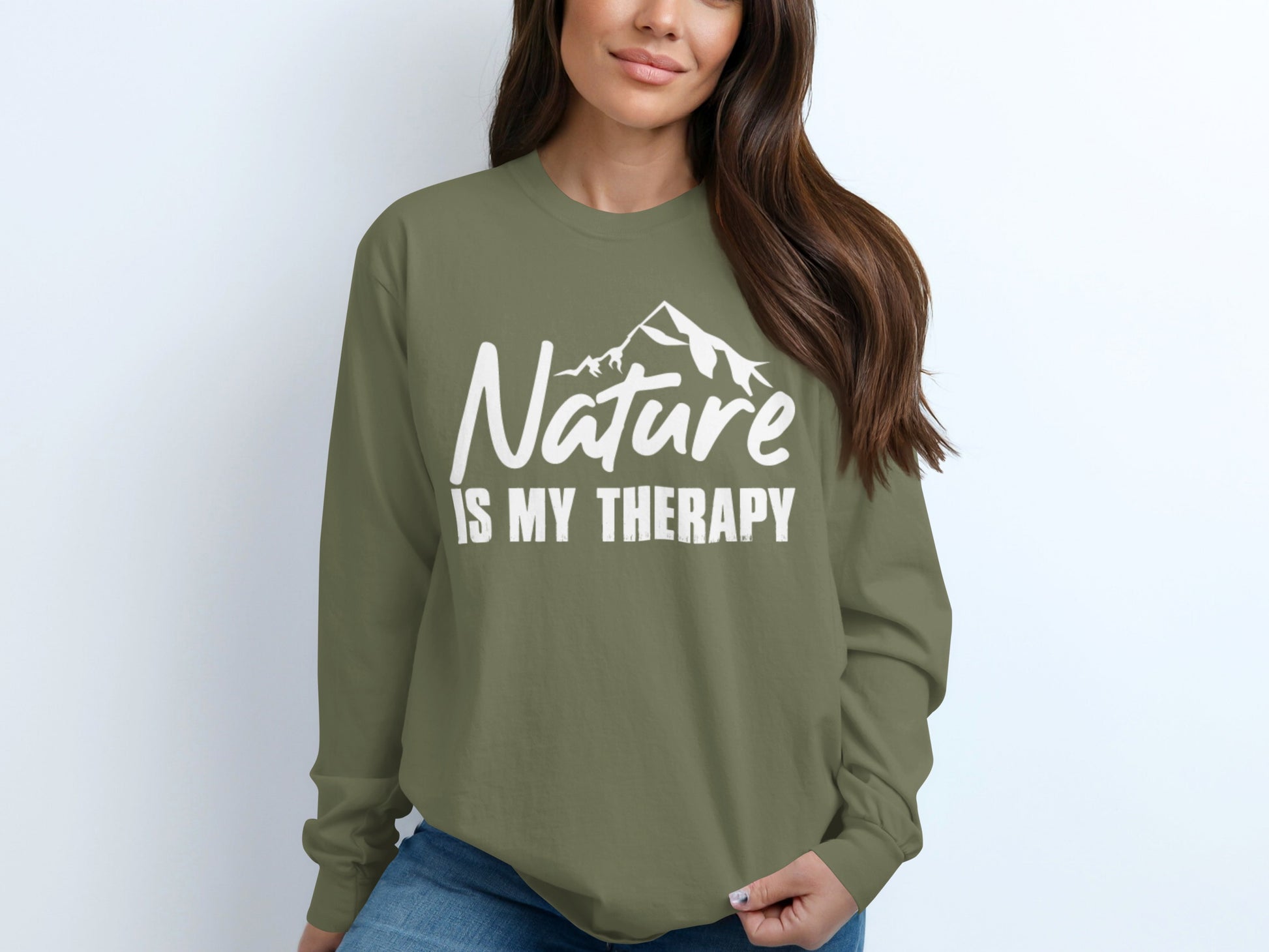 Nature Is My Therapy Mountain Graphic Text Long Sleeve T-Shirt Long Sleeve Tee - Outdoor & Adventure Collection - Mile Marker 16 Gear by Cloud 16 Clothing Co.