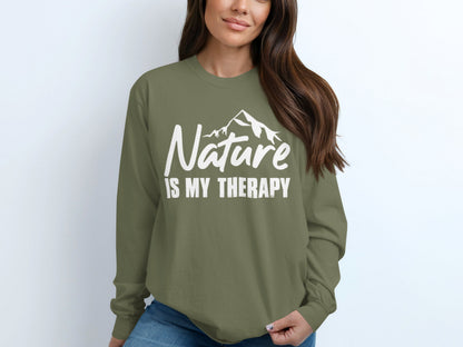 Nature Is My Therapy Mountain Graphic Text Long Sleeve T-Shirt Long Sleeve Tee - Outdoor & Adventure Collection - Mile Marker 16 Gear by Cloud 16 Clothing Co.