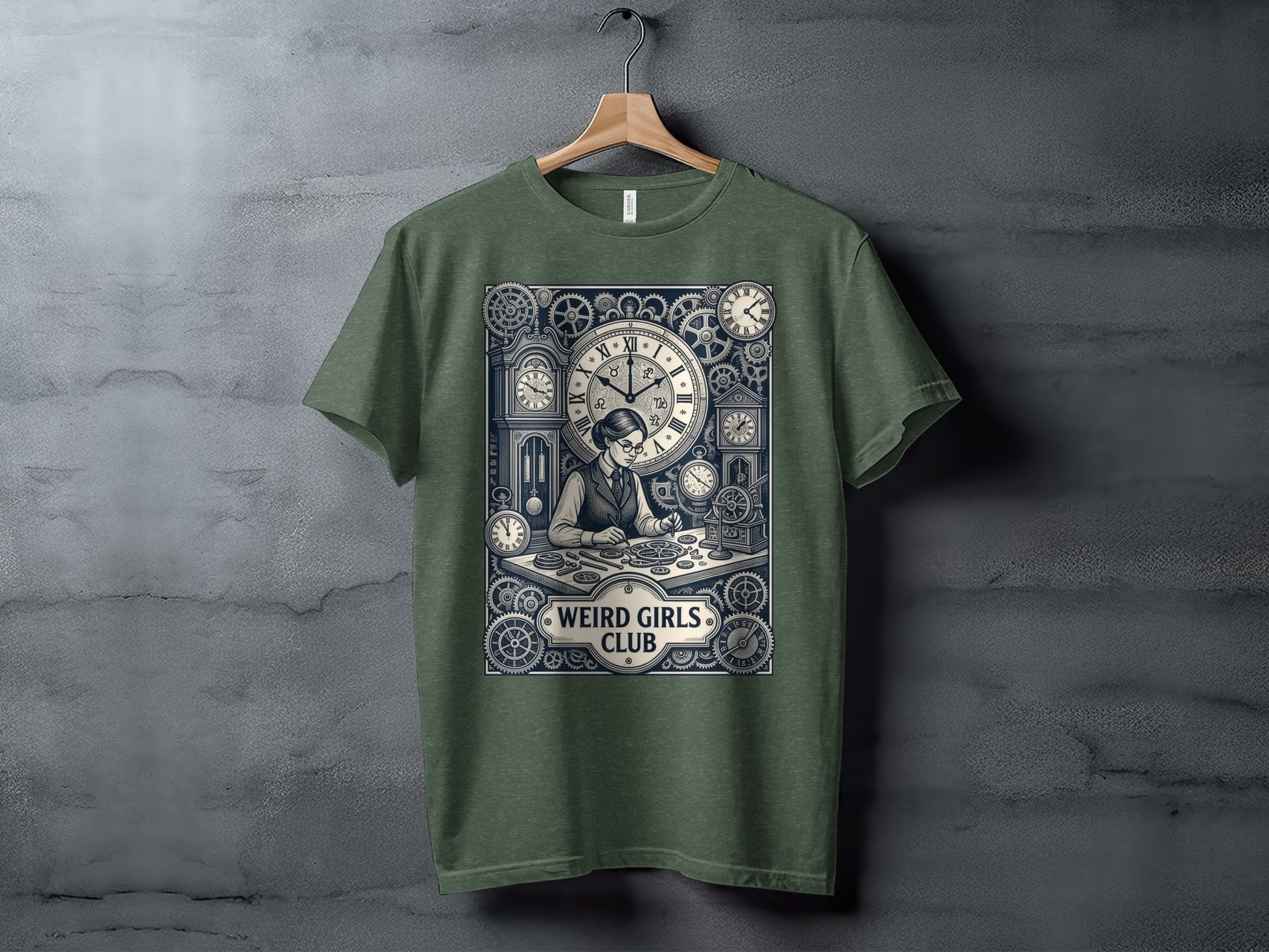 T-shirt with vintage clockwork gears and "Weird Girls Club" text.