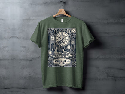 T-shirt with vintage clockwork gears and "Weird Girls Club" text.