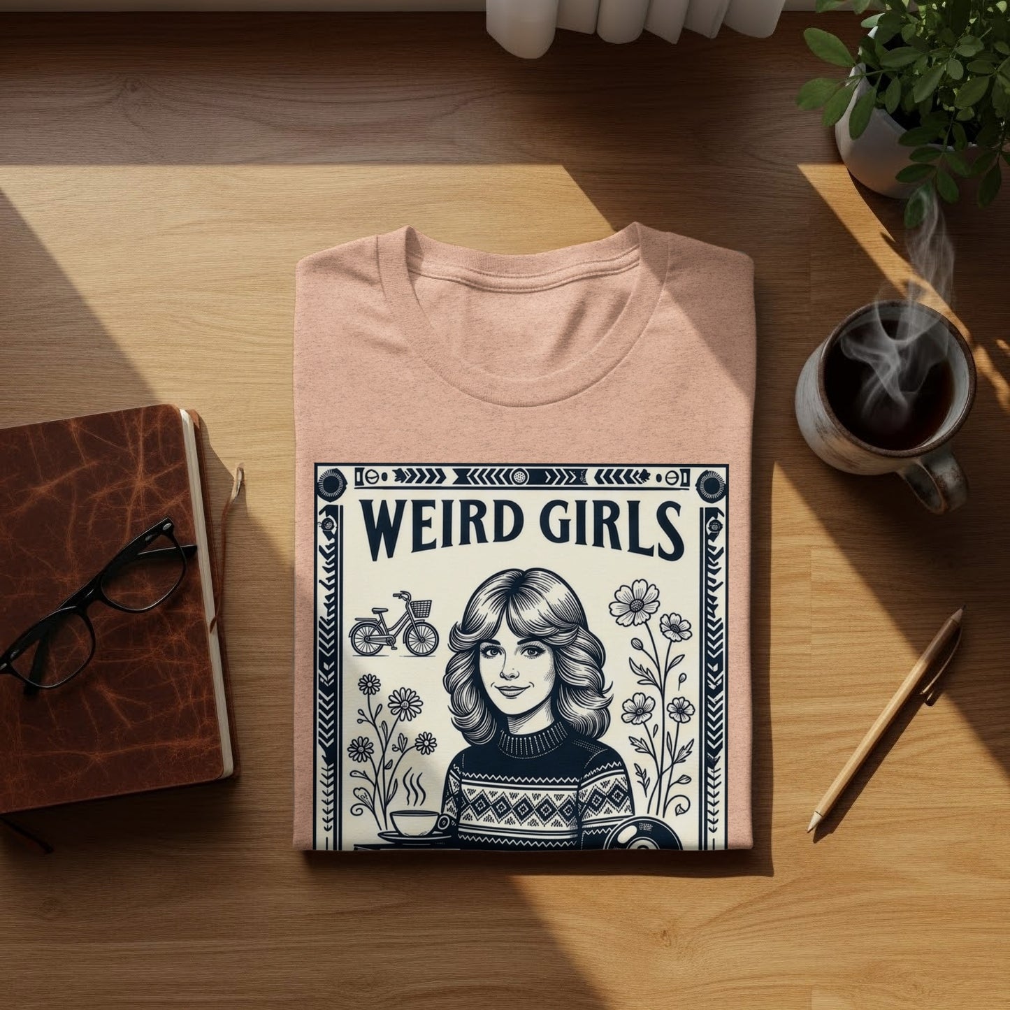 Pink t-shirt with "WEIRD GIRLS" text and a graphic of a woman and flowers.