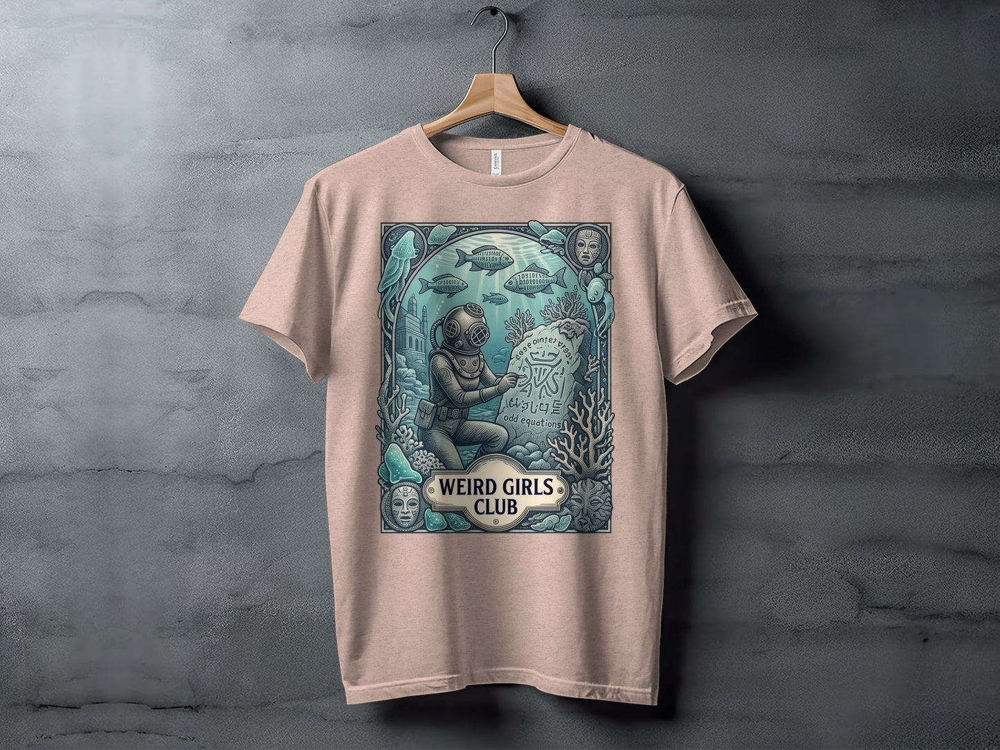 T-shirt featuring a vintage diver and sea creatures with "Weird Girls Club" text.
