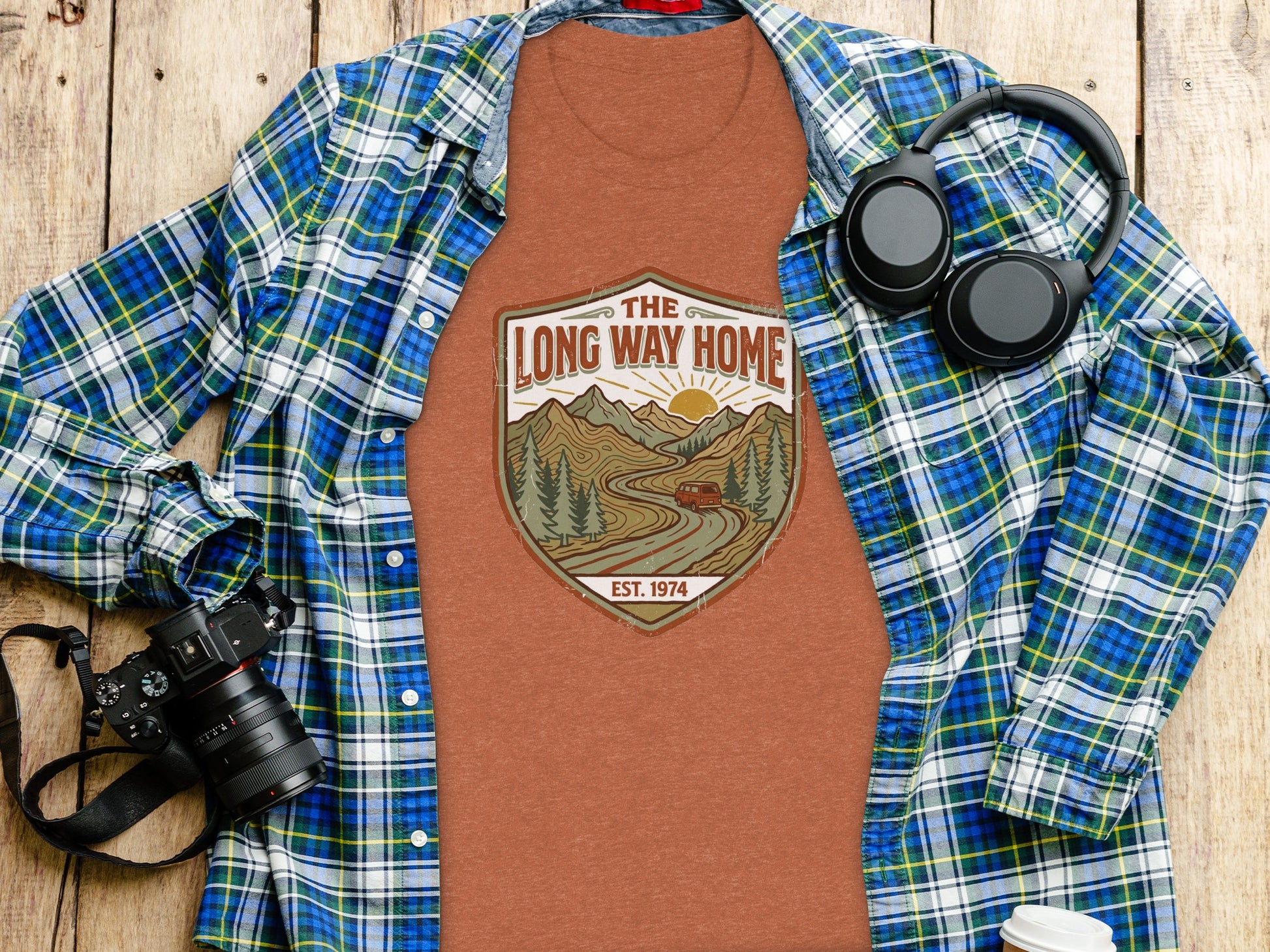 Rugged The Long Way Home | Vintage Adventure Wilderness Shirt: T-shirt with "The Long Way Home" crest featuring mountains, sun, and a van.
