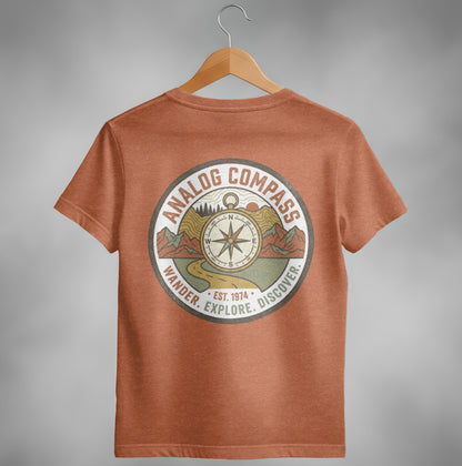 T-shirt back with round vintage compass and "Analog Compass" logo.