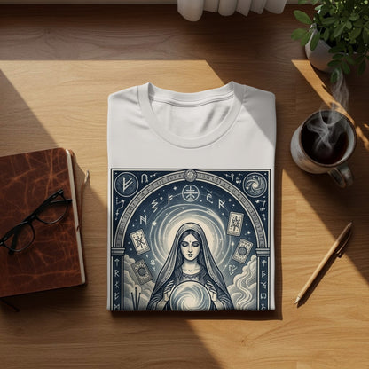 T-shirt featuring a woman holding a crystal ball with celestial and runic designs.
