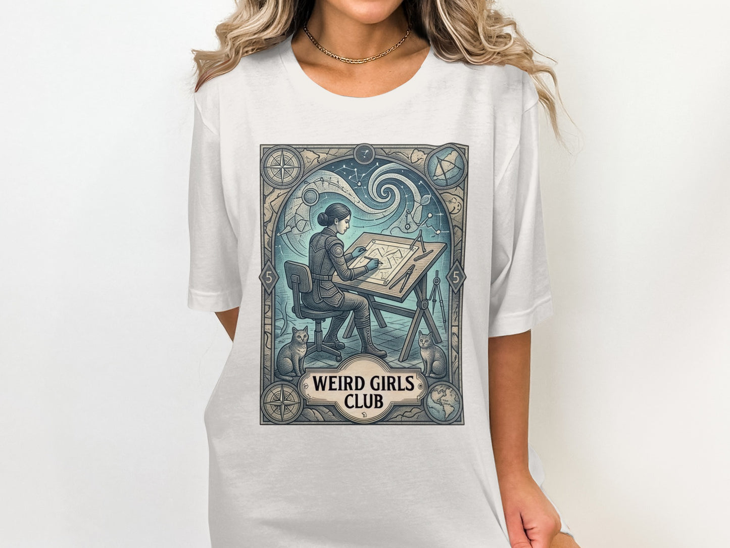 Woman in vintage clothes at desk with cats and "Weird Girls Club" text.