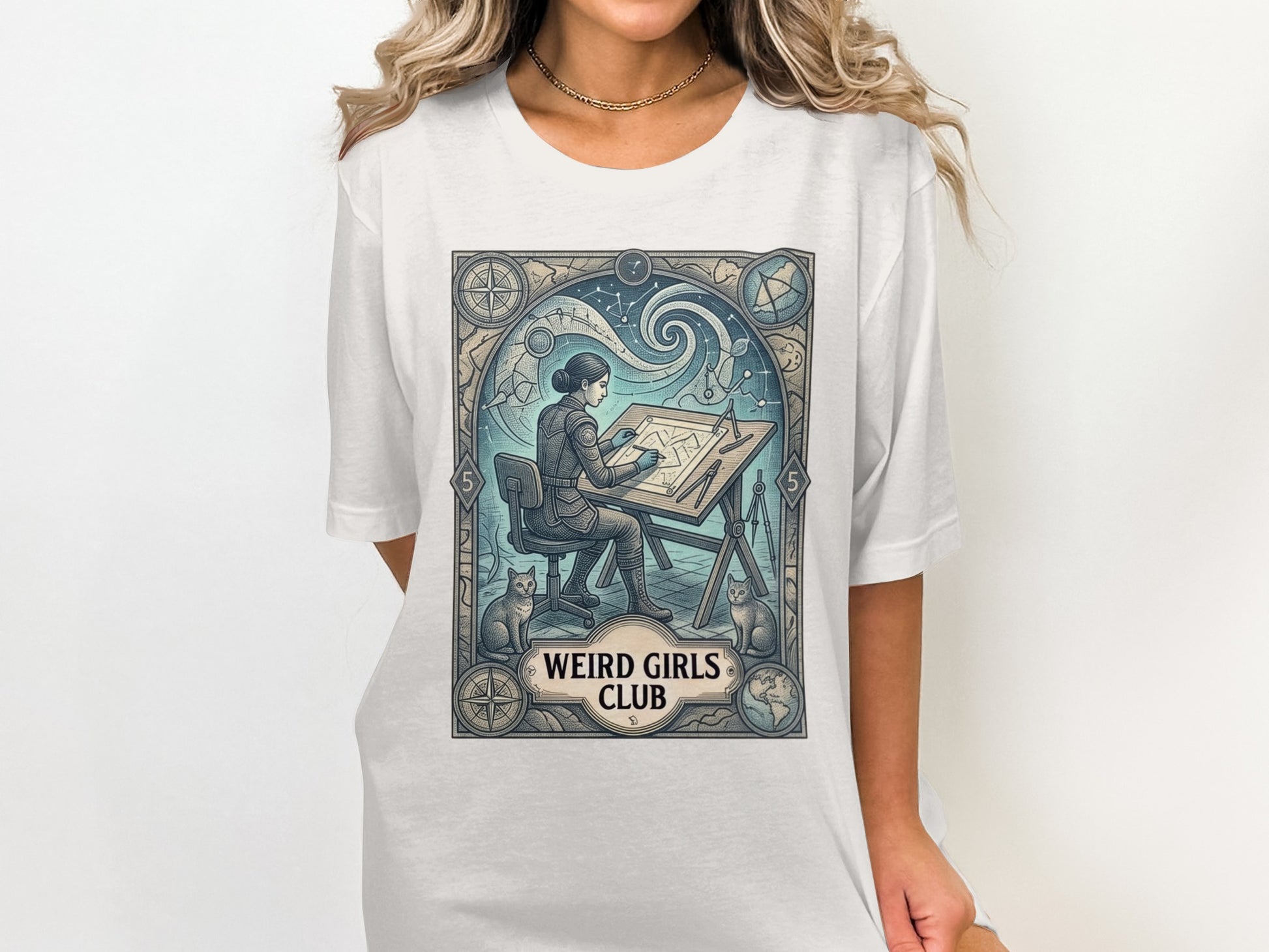 Woman in vintage clothes at desk with cats and "Weird Girls Club" text.