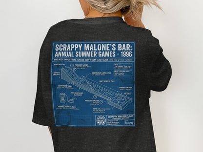 Scrappy Malone's Bar annual summer games 1996 slip-and-slide blueprint diagram.