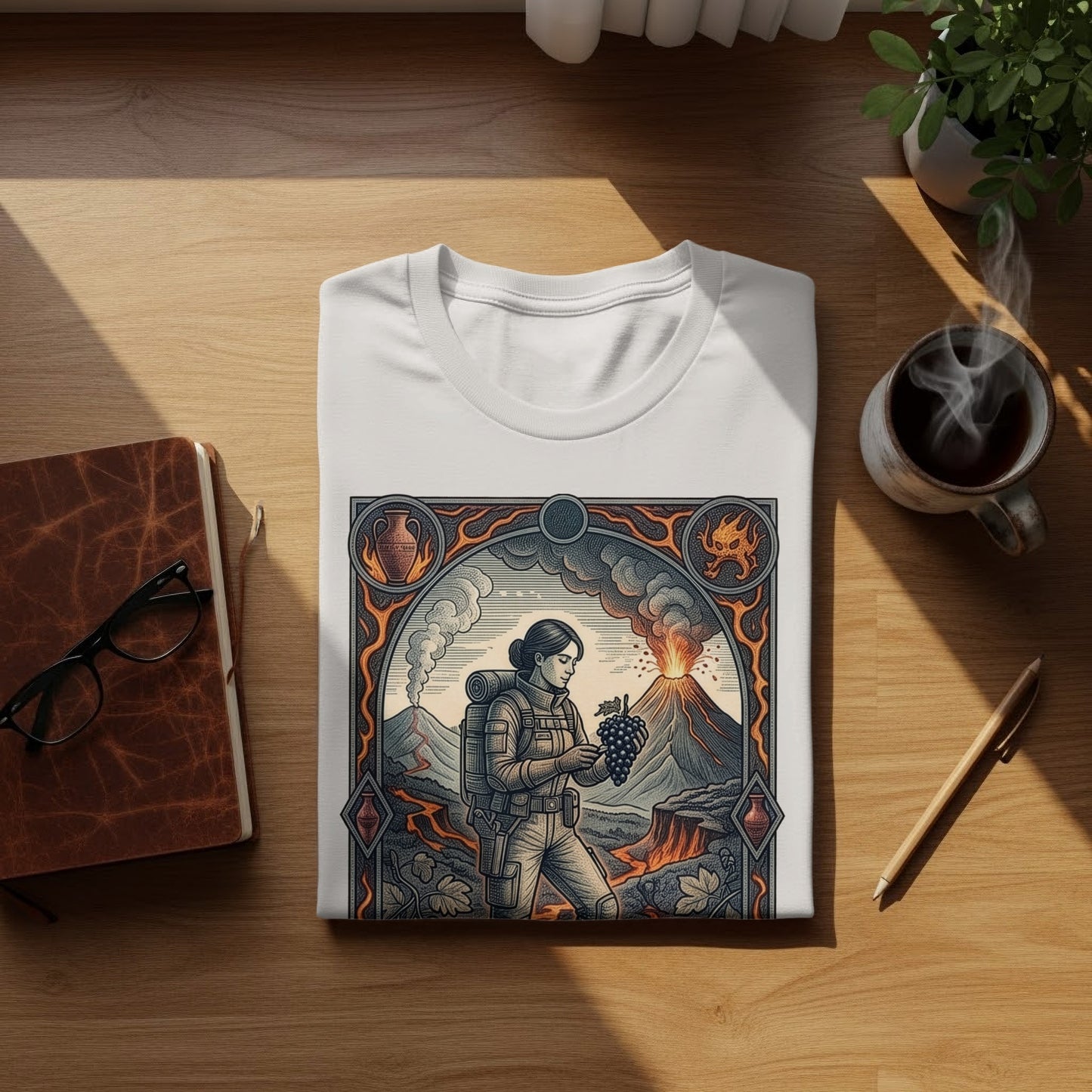 White t-shirt with volcano scene illustration featuring a backpacker holding grapes.