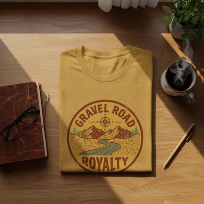 Gravel Road Royalty Adventure Tee | Vintage Outdoor Apparel: Gravel Road Royalty t-shirt with mountain and river graphic.
